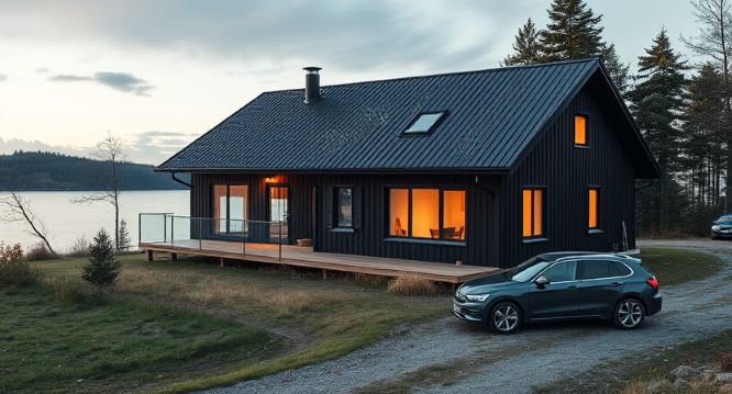 Hus nära insjö med moderna fönster och skjutdörr från Glasriket