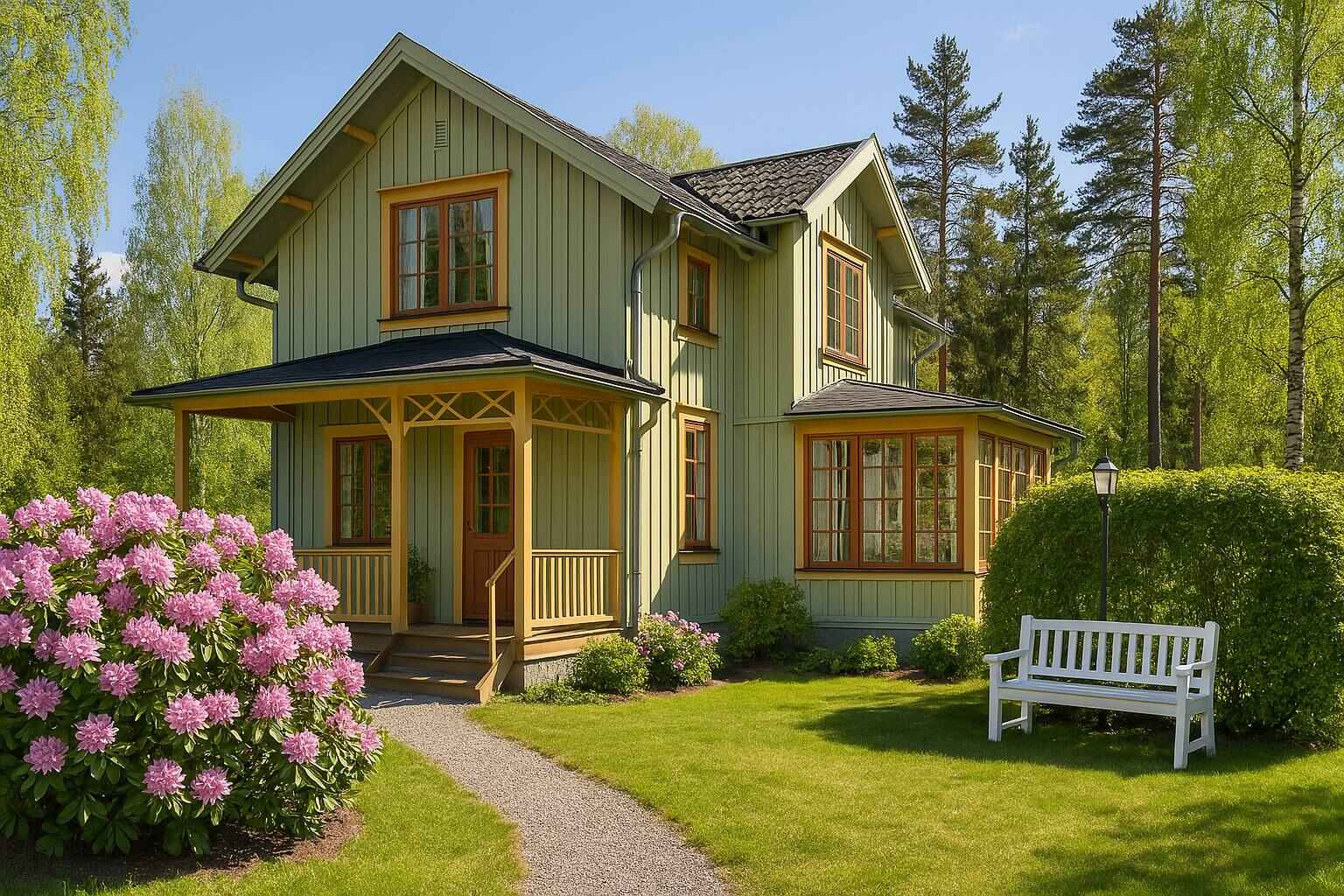 Gammalt rött trähus i klassisk stil