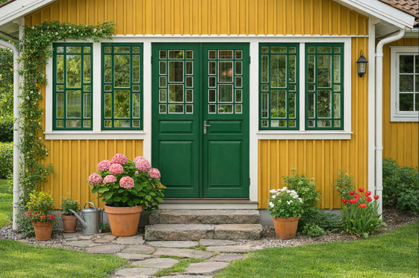 Gul fasad och Köpenhamnsgrön dörr