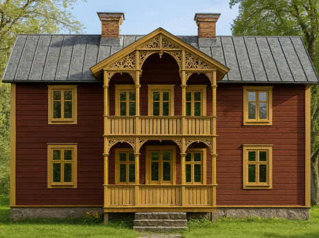 Klassiskt rött trähus med ockragula träfönster från Glasrikets Fönster