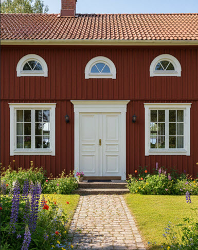 Trähus med träfönster