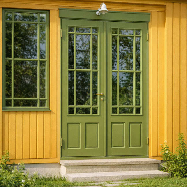 Parytterdörr i grön kulör med fasad i guldockra gul